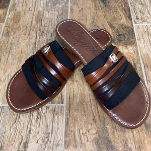 BRIGHTON ALLMAN 7.5 M Black with Brown Leather Straps across toe New!!